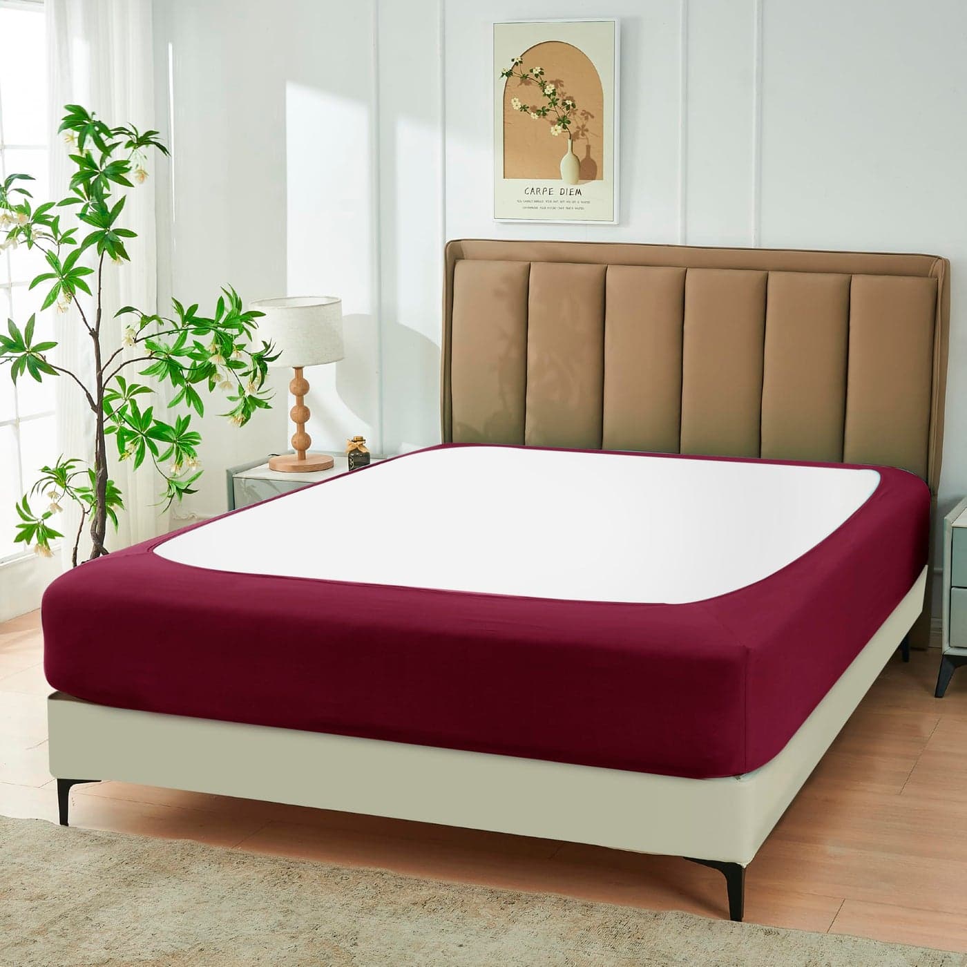 Biscaynebay Decorative Box Spring Cover Queen Size Burgundy Luxurious Jersey Knitting Stretchy Wrap Around 4 Sides Bed Skirt for HomeHotels Easy Fit Wrinkle Fade Free Machine Washable