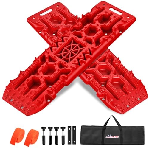 Nilight Recovery Offroad Traction Boards with Jack Lift Base Emergency Tire Ladder Mats For 4WD 4X4 Mud Sand Snow with 2PCS Mounting kit Carry Bag 2 leashes Red