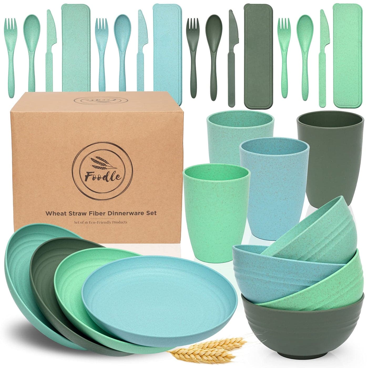 FOODLE Wheat Straw Dinnerware Set BPA Free Safety Tested Microwave Dishwasher Safe Dishes Perfect for Camping Picnic RV Dorm Plates Cups and Bowls Great for Kids Adults For 4