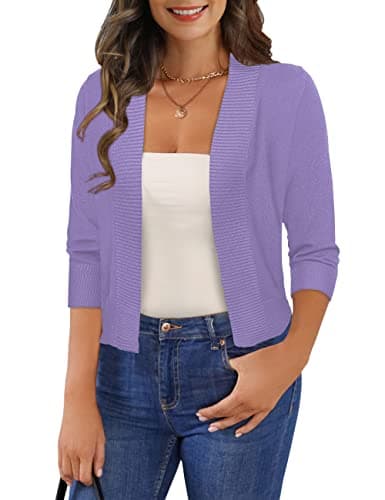 GoMamee Women's Open Front Cardigan 3/4 Sleeve Cropped Sweater Elegant Bolero Shrugs, Light Purple S