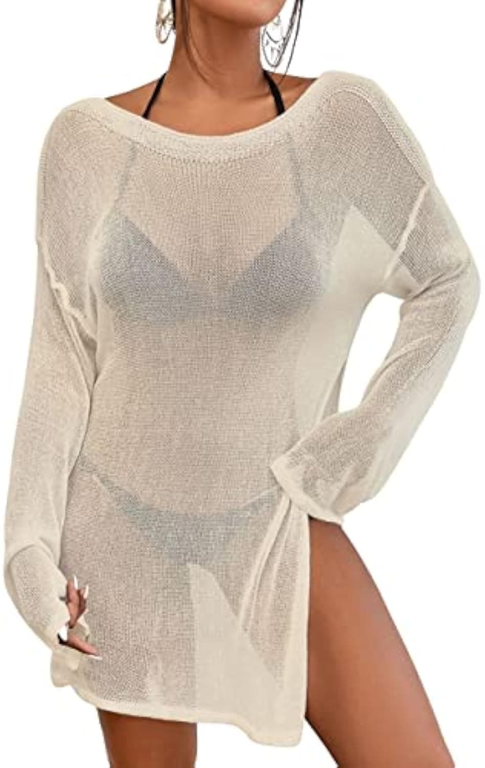 Bsubseach Crochet Swimsuit Coverup for Women Sheer Bathing Suit Cover Ups Kintted Swimwear Bikini Beach Vacation Outfits Apricot S
