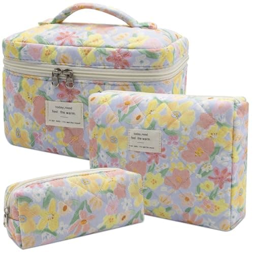 3pc Makeup Bag Set, Quilted Makeup Bag Set, Large Floral Cosmetic Bag for Women, Cute Cotton Makeup Bags, Flower Travel Toiletry Organizer Bag (Large Flower)