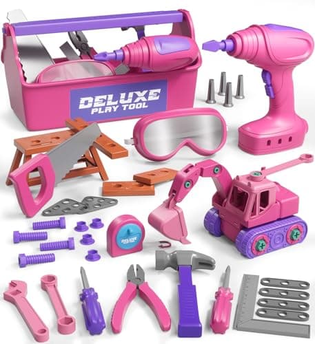 Lehoo Castle Kids Tool Set with Electric Toy Drill and Tool Box Construction Toys for 3 Year Old Girls Birthday Gift Pretend Play Toddler Tools for 35 Years Old Pink