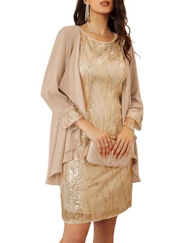 Sequin Dress for Women Party Night Wedding Guest with Chiffon Jacket Champagne Gold S