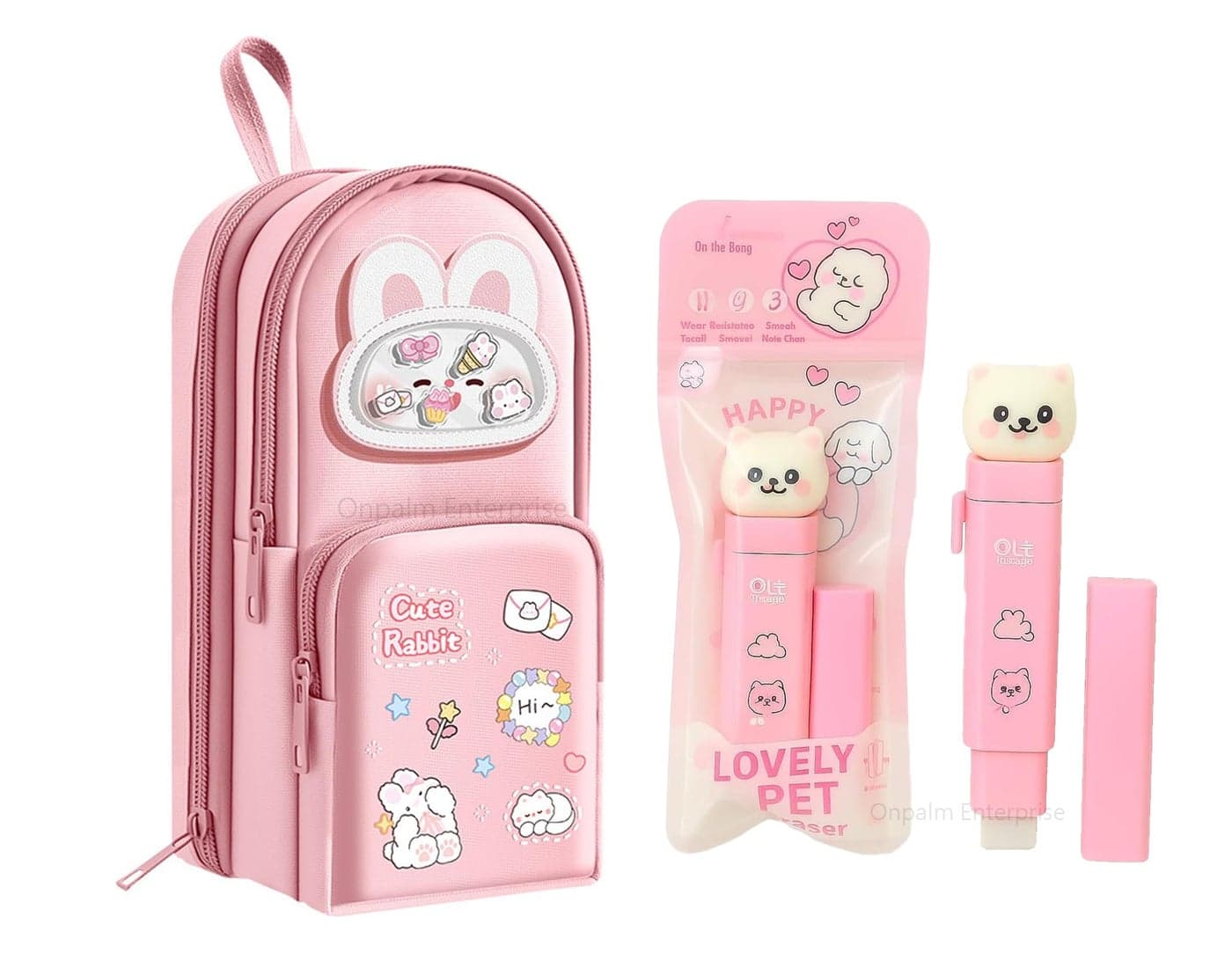 Onpalm Enterprise Kawaii Cute Rabbit Pencil Pouch for Kids with Cute Cat Eraser Set | 6-Layer Multi-Pocket Pen Bag for Girls | School Stationery Kit Combo | Cute Bunny Design Pink Pouch