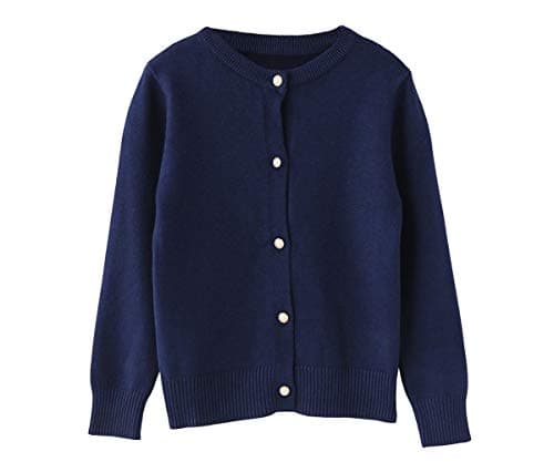 SMILING PINKER Little Girls Crewneck Cardigans Button Knitted Uniform Sweaters Solid Long Sleeves(3-4T,Navy Blue)