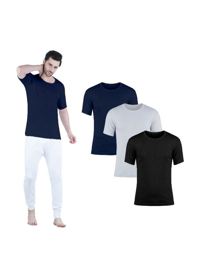 WHITE LEAF Men's O-Neck Undershirt Vest Half Sleeve 3PCS Pack – 100% Combed Cotton Breathable Comfortable Innerwear, BK/GYM/NV (WLONSUG-04-S)