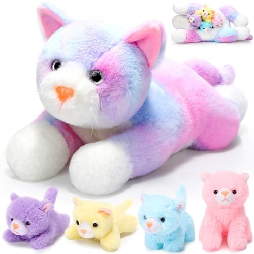 Skylety 5 Pieces Cat Stuffed Animal with Babies Inside Belly Plush Cat Pregnant Mommy Kitty with 4 Cute Fluffy Stuffed Kittens Christmas Birthday Surprise Gifts(Colorful)