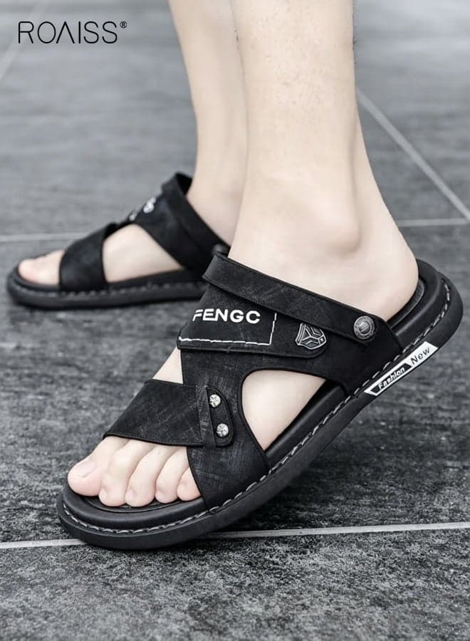 Arabic Sandals with Anti-Slip Sole and Ergonomic Design, Summer Beach Sandals, Men's Criss Cross Sandals, Simple Open Toe Outdoor Slippers with Letter Pattern, Perfects for Any Casual Date, Walking, Swimming Pool, Beach or Driving Black