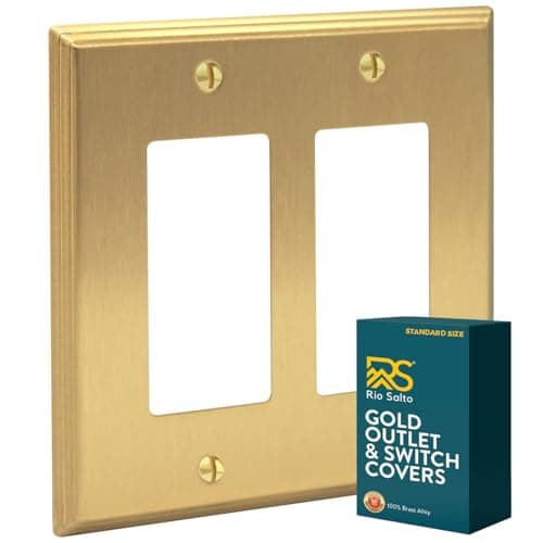 Rio Salto BRASS Rocker Light Switch Cover Plate Double Rocker Switch Plate 2 Gang Decorator Paddle GFCI Brushed Gold Metal Outlet Covers Decorative Wall Plates — Deco Collection, Standard, 4.50"x4.56"