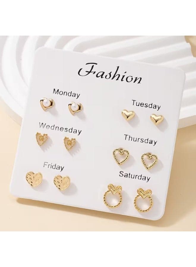 6 Pairs Heart-Shaped Earrings Set for Women – Zinc Alloy with Imitation Pearl Inlay, Stainless Steel Posts, Elegant Ramadan Collection Jewelry for Daily Wear and Special Occasions