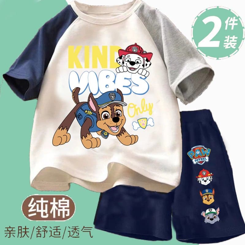 Boys' Pure Cotton Outfit Paw Patrol Clothing For Older Children, Short-Sleeve Shirt And Shorts, Popular Stylish Kindergarten Two-Piece Set