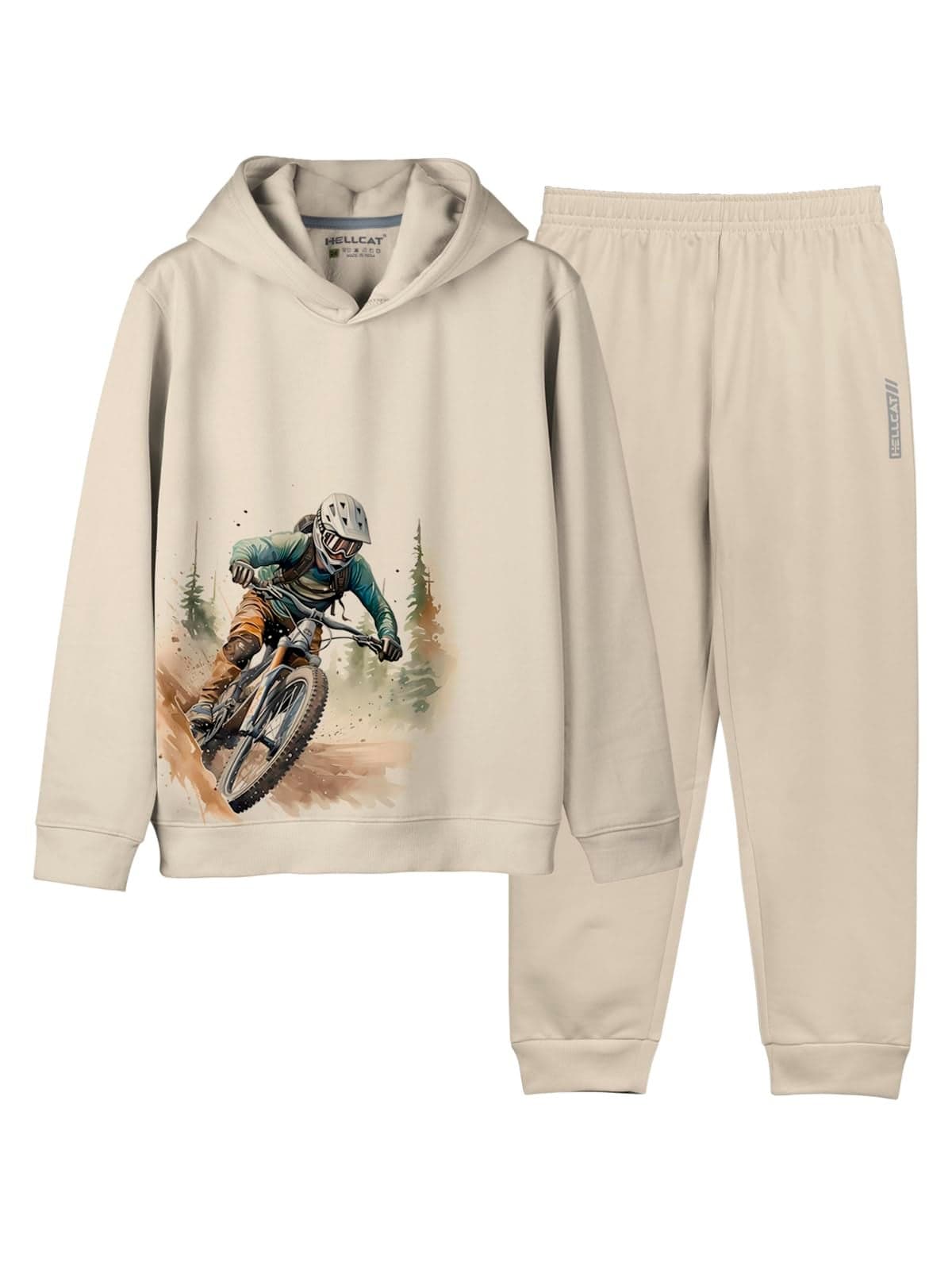 HELLCAT Printed Cotton Blend Hoodie T-Shirt and Jogger Trackpant Clothing Set for Boys_ Beige_5-6 Years