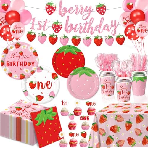 Berry First Birthday Decor Strawberry 1st Birthday Decorations for Plates Napkins Cups Cutlery Cupcake Toppers Banner Tablecloth Balloons for Girls Strawberry Party Decorations Serve 20
