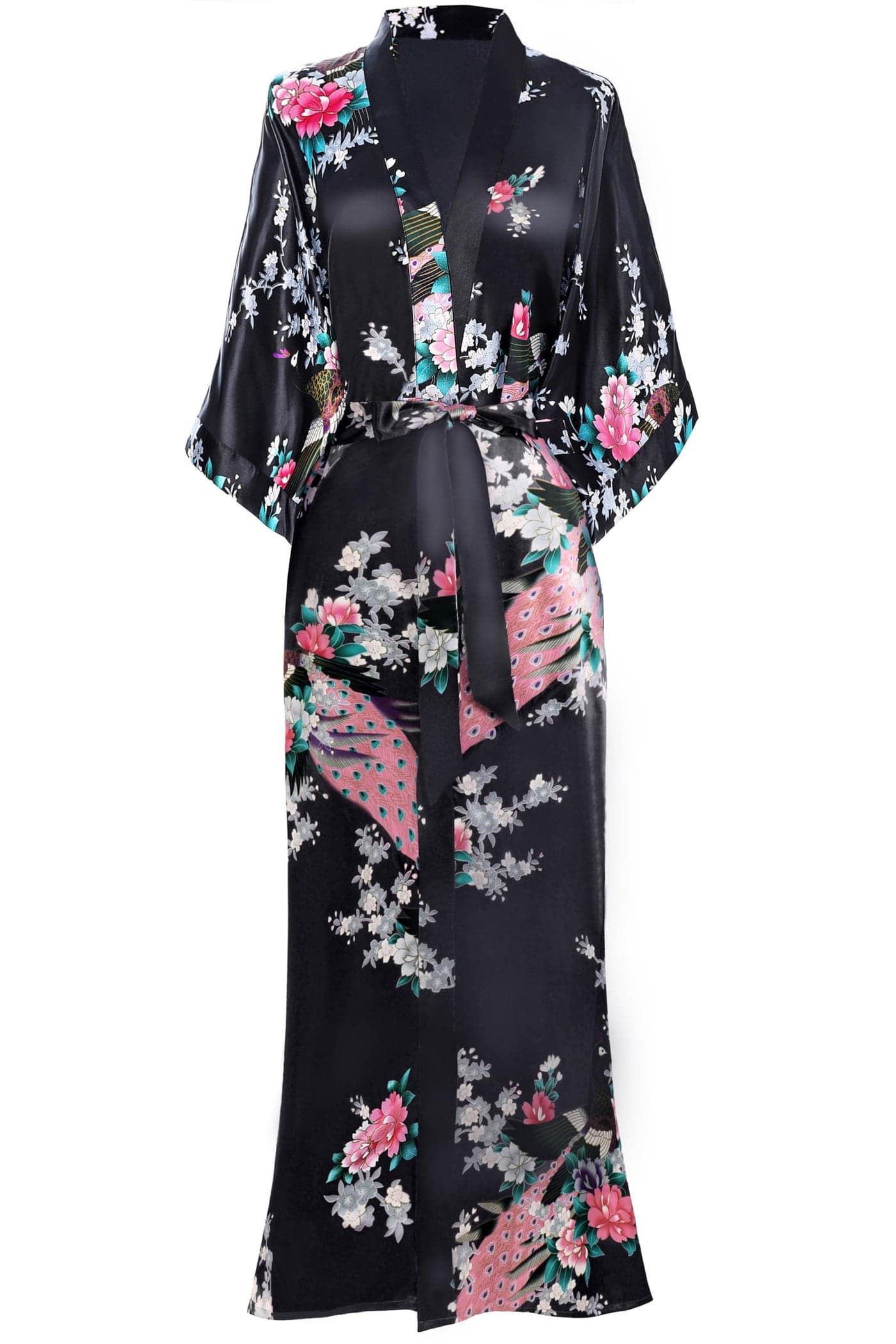 BABEYOND Women's Kimono Robe Long Satin Silky Robes with Peacock and Blossoms Printed Kimono Nightgown