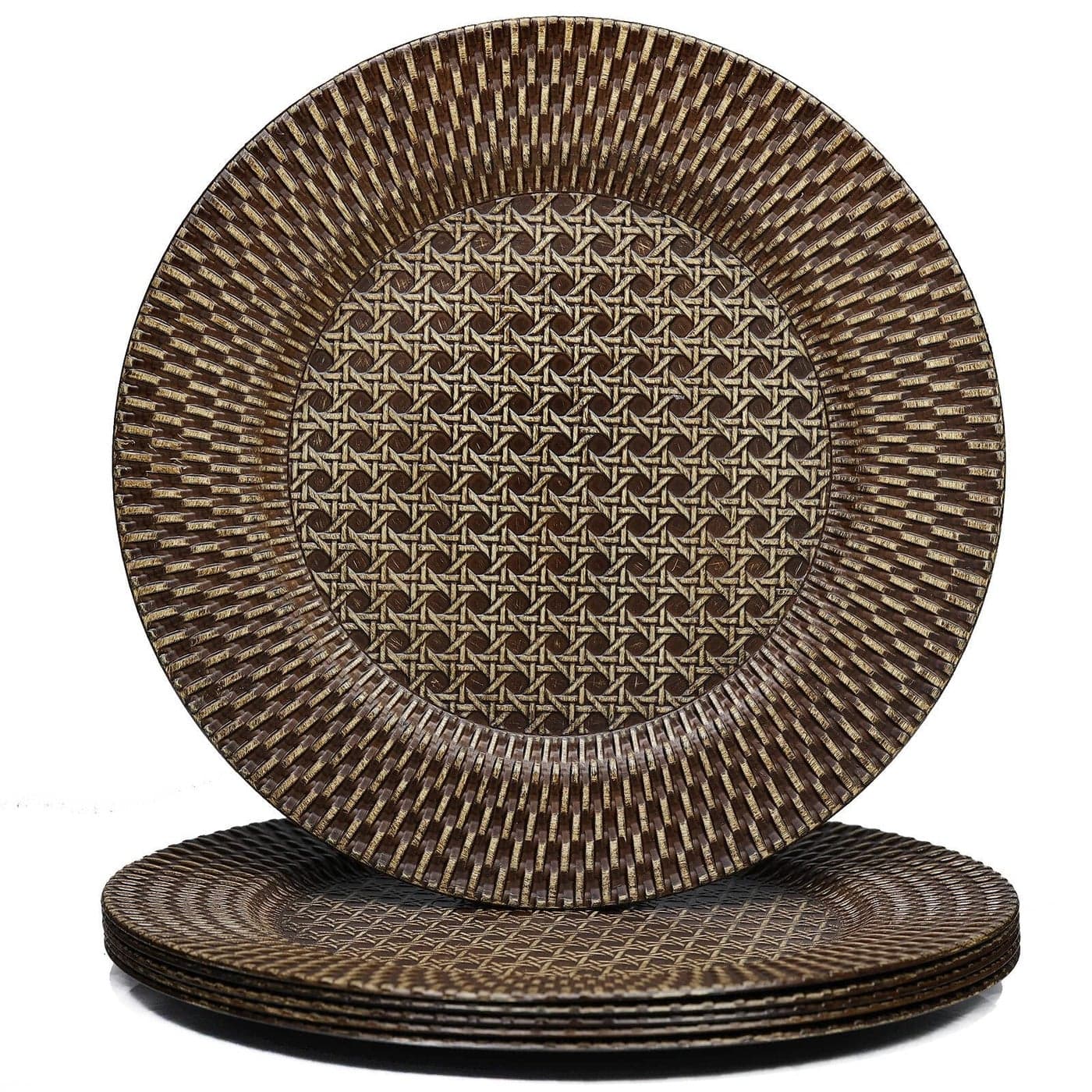 Spsyrine Faux Rattan Plastic Rustic Charger Plates Set of 6 Elegant Round Plate Chargers for Dinner Decorative for Events and Parties Plaid