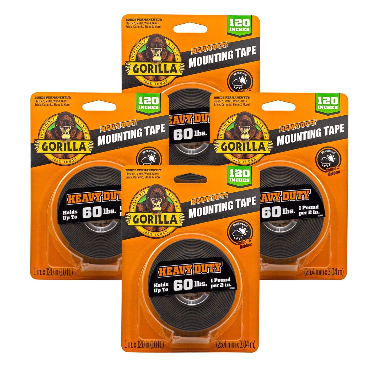 Gorilla Heavy Duty Double Sided Mounting Tape Black Tape 1 x 120 Pack of 4 Weatherproof for Indoor or Outdoor