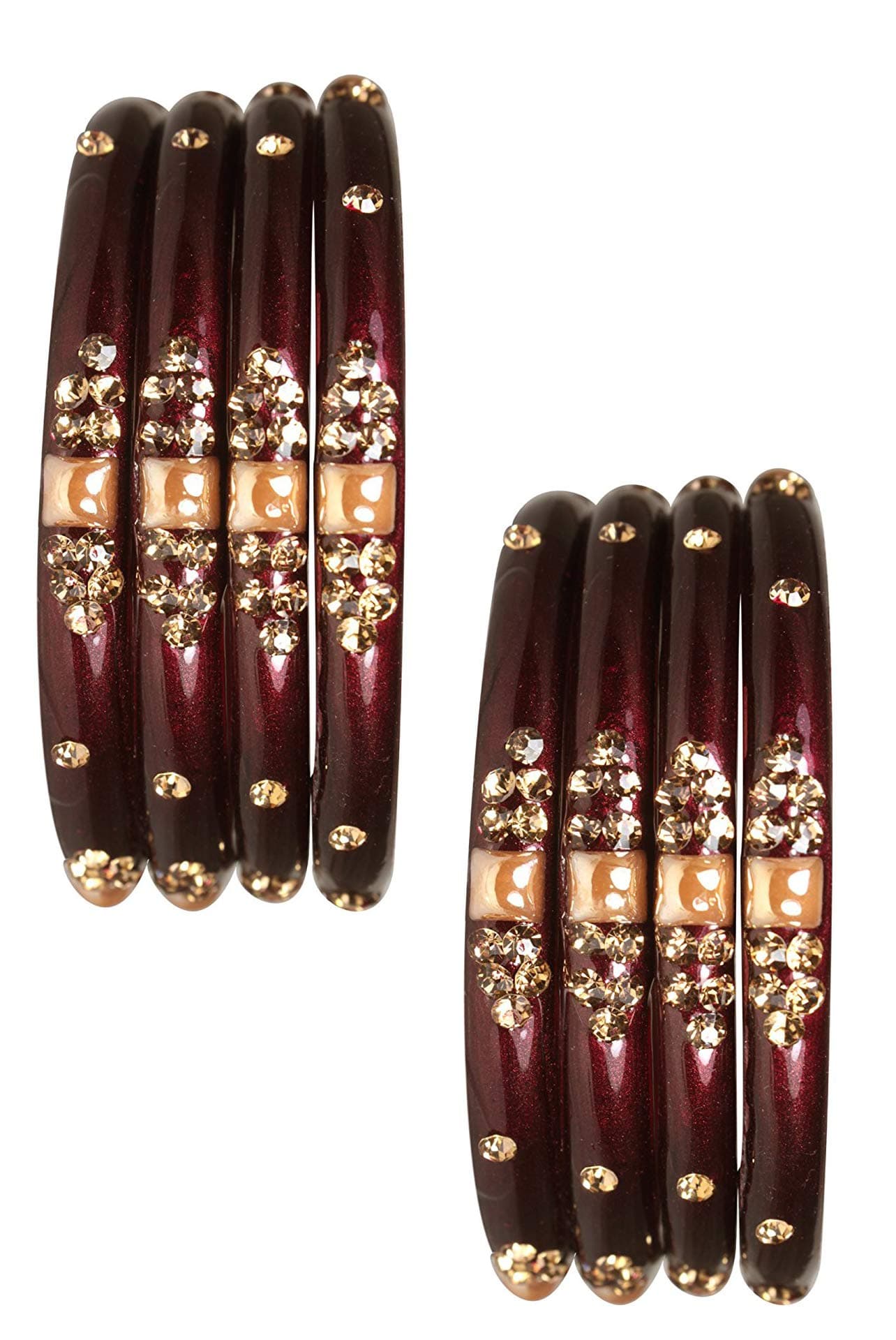 NMII Glass with Zircon Gemstone Or Beads Studded worked Glossy Finished Kada Set For Women and Girls, (Maroon_2.2 Inches), Pack Of 8 Kada Set