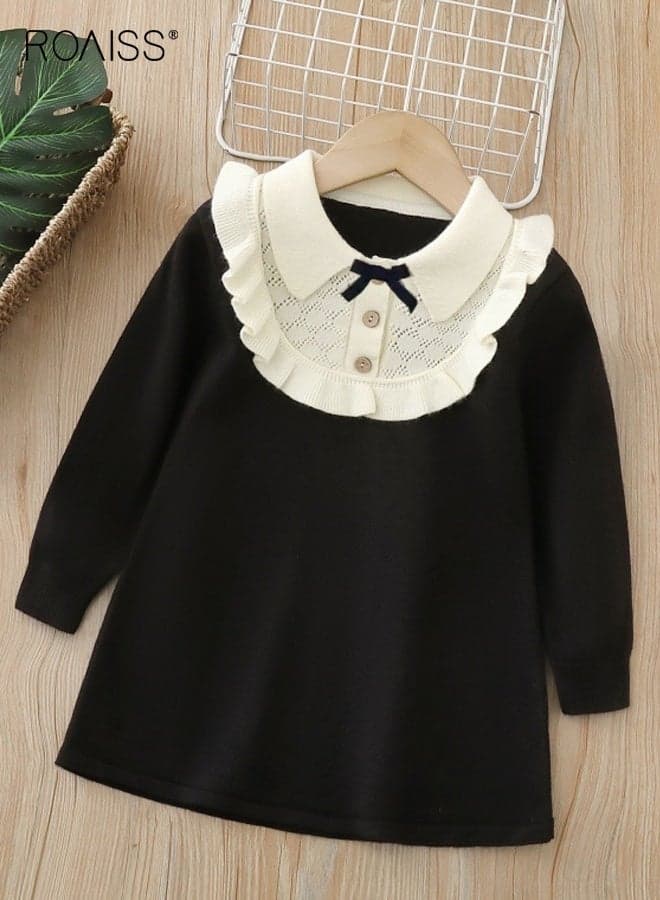 Toddler Girls A Line Dress with Polo Collar, Elegant Stylish Knit Dress for Little Girls, Long Sleeve Button Down Frock, Suitable for Daily Wear or Any Occasion
