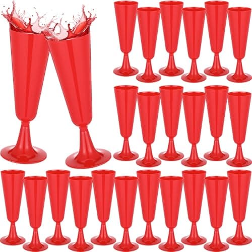 LemonRoad 25 Pcs Valentines Plastic Champagne Flutes 5 oz Disposable Champagne Glasses Bulk Toasting Cups for Party Wedding Birthday Anniversary Celebration Supplies (Red)