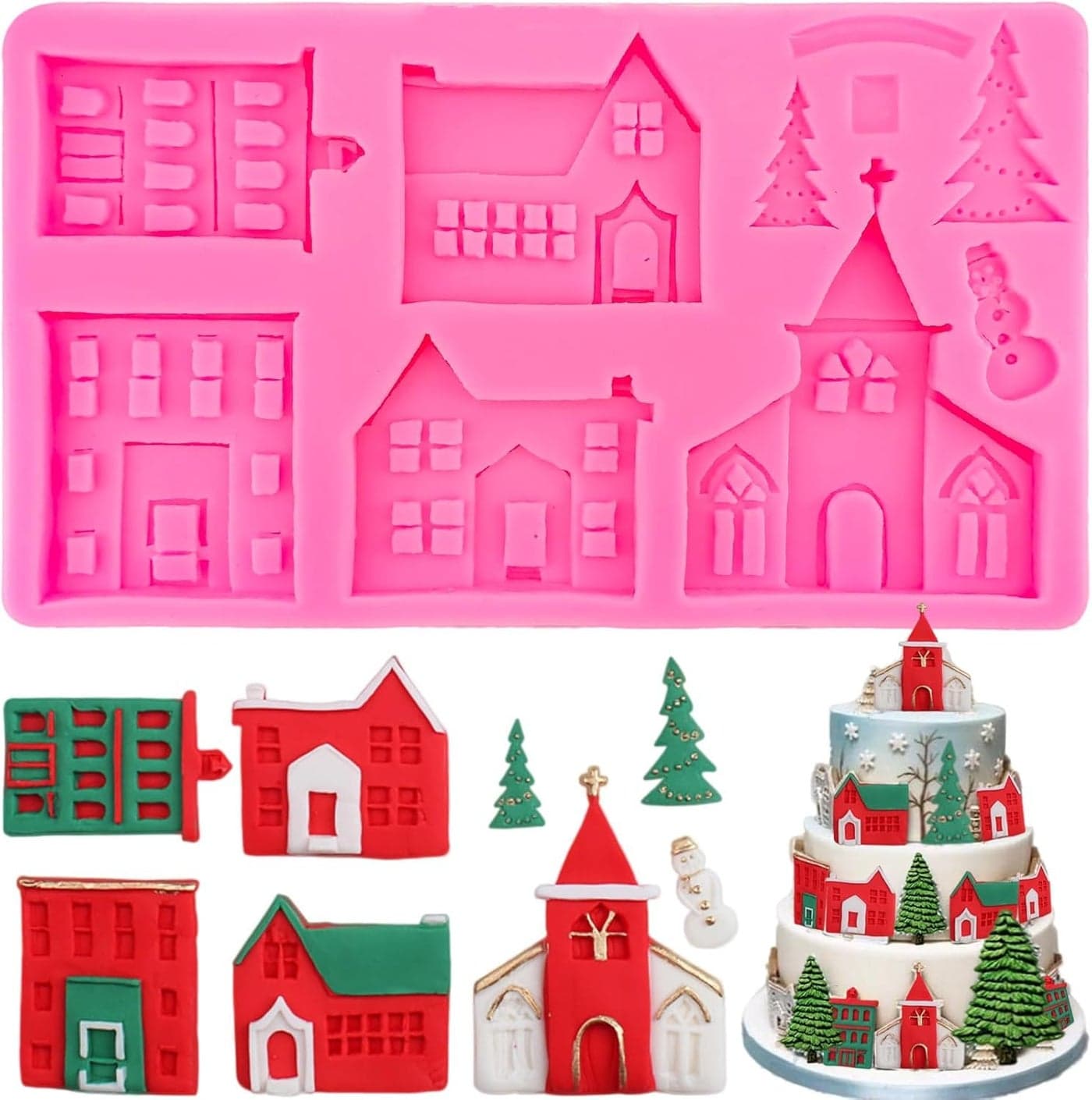 HUSAINI MART Christmas Silicone Cake Mold 3D Xmas Tree House Fondant Mould Fairy Tale Gingerbread House Santas Castle Cottage Cake Decoration Silicone Baking Mold