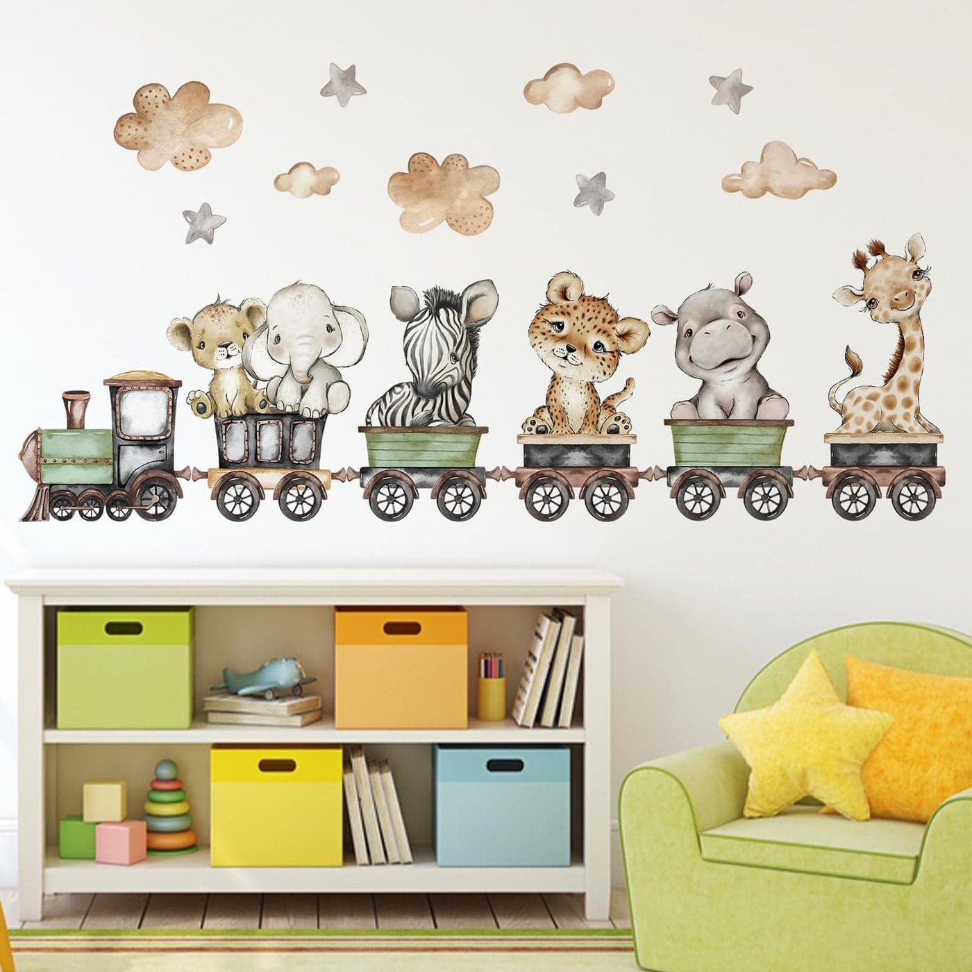 Yovkky Baby Safari Animals Train Wall Decals Stickers African Jungle Elephant Zebra Giraffe Hippo Lion Leopard Cheetah Neutral Nursery Toddler Decor Kids Room Home Decorations Bedroom Playroom Art