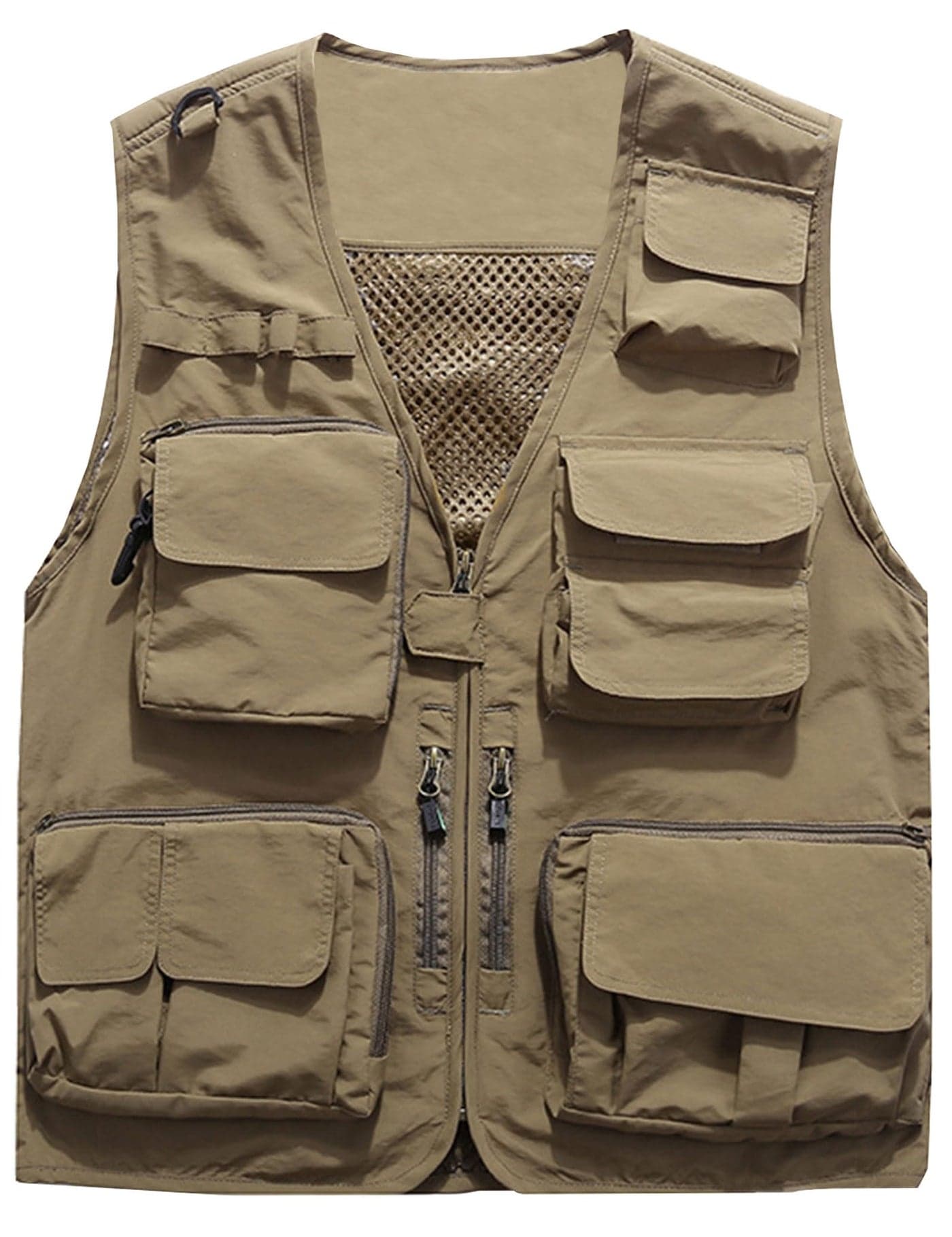 Flygo Mens Casual Lightweight Outdoor Fishing Work Safari Travel Photo Cargo Vest Jacket Multi PocketsXLarge Khaki