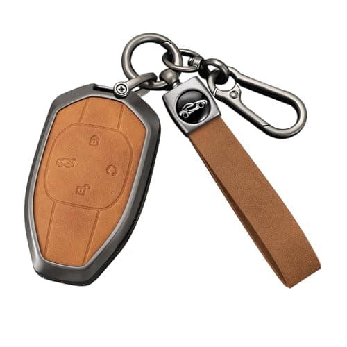 HIBEYO Key Fob Cover Compatible with Trumpchi GAC 2021 Empow J11 J12 J13 J14 J15 J16 GS8 Accessories Leather& Zinc Alloy 4 Button Key Case Shell with Keychain Gift-F Type 4 Button Brown