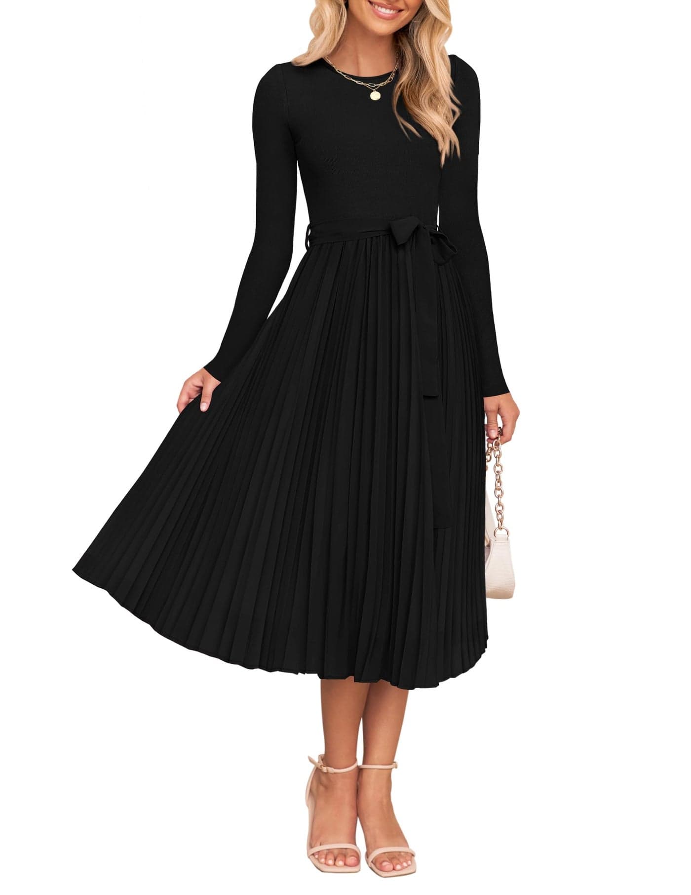 ZESICA Womens Fall Long Sleeve Midi Dress 2025 Casual Crewneck Knit Belted Pleated A Line Flowy Party Dresses Black Small