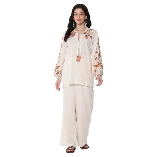 Biba Women's Natural Viscose Blend Straight Embroidered Fusion Set