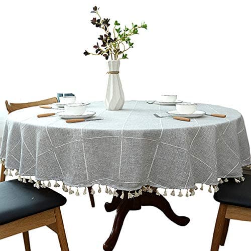 Heavy Weight Cotton Linen Tablecloth, Plaid Tassel Round Table Cover for Kitchen Dining Room Tabletop Decorations, Round - 63", Grey