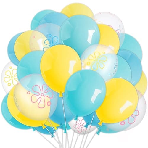 JarThenaAMCS 60Pcs Cartoon Sponge Party Balloon Bikini Flower Bubble Printed Latex Balloon Teal Blue Yellow Clear Balloon for Birthday Baby Shower Party Decor 12 in