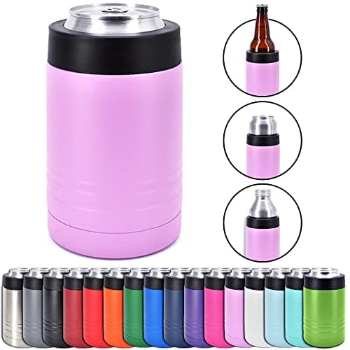 4-in-1 Stainless Steel 12 oz Double Wall Vacuum Insulated Can or Bottle Cooler Keeps Beverage Cold for Hours - Also Fits 16 oz Cans - Powder Coated Light Purple - Clear Water Home Goods