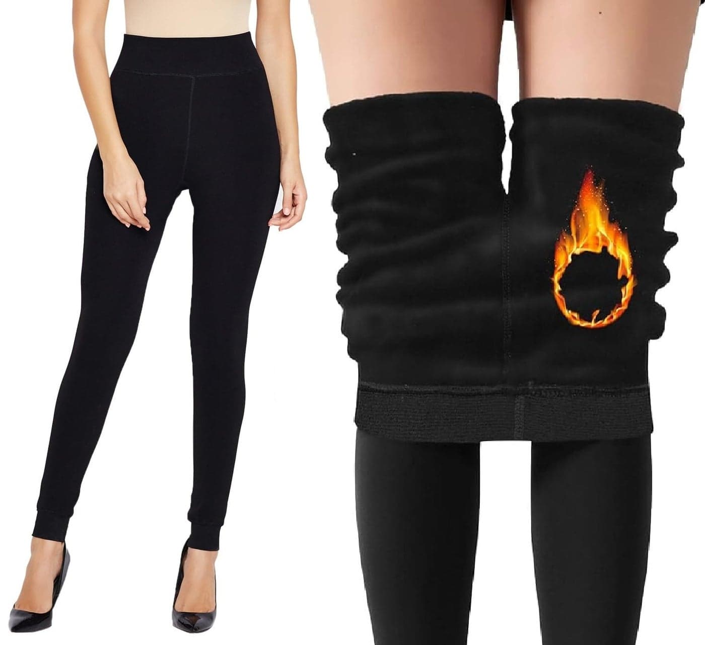 Klassik | Since 1993 | Women/Girls Comfort Fleece Footed Fur Leggings (Without Socks) | Winter Wear Extra Warm, Woolen High Waisted Lined Thigh Highs (Black-Skin Color) | Slim Fit Pyjamas, Black-3XL