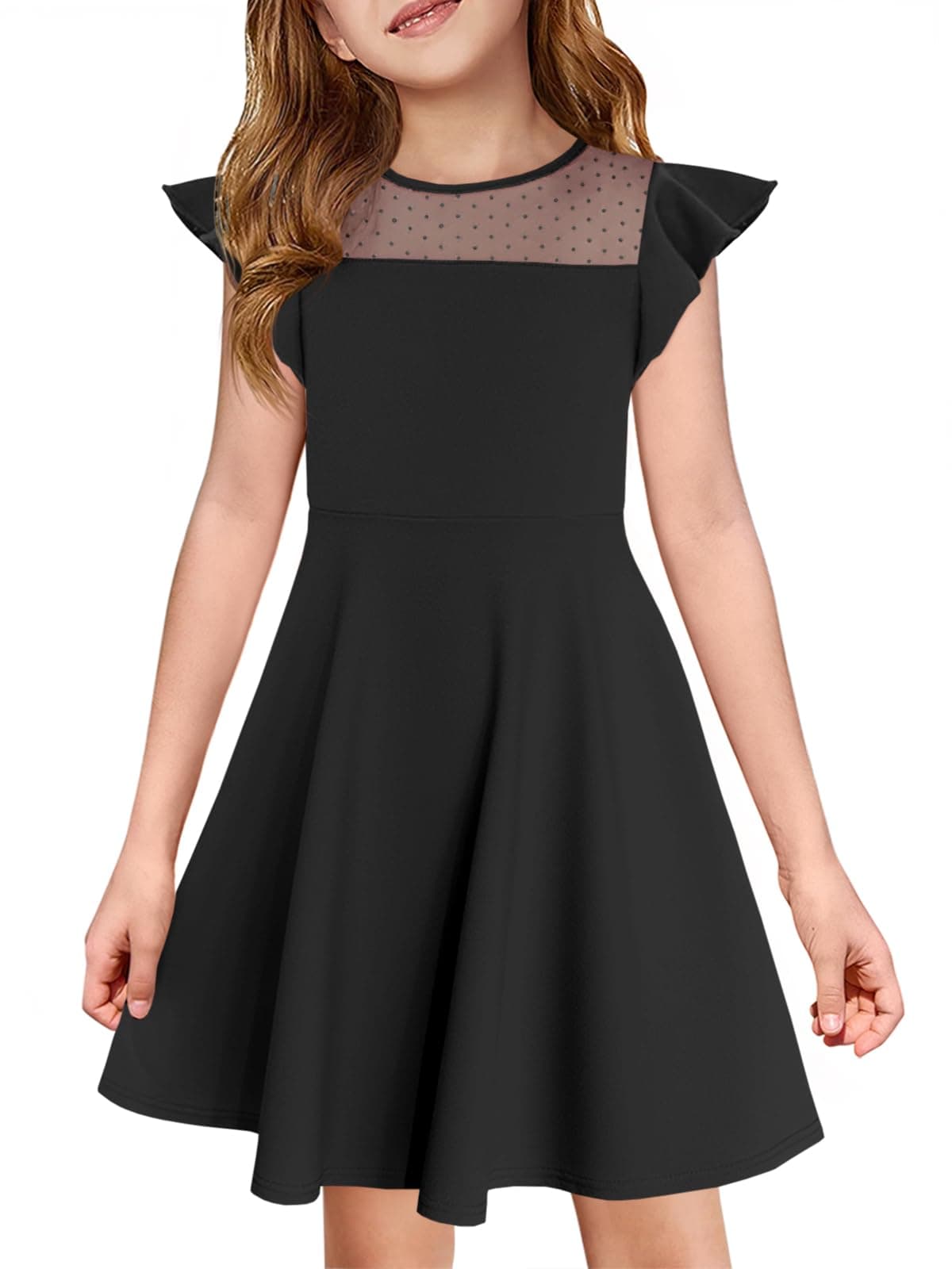 Haloumoning Girls Dress Summer Ruffle Sleeve Mesh A Line Casual Party Dresses with Pockets for Kids 4-14 Years Black