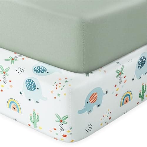 IOCCLH Pack N Play Sheets Fitted, 2-Pack Fit for Standard Pack N Play Mattress, Mini Crib Sheets,Breathable Soft Unisex Playard Sheets (Dumbo & Green)