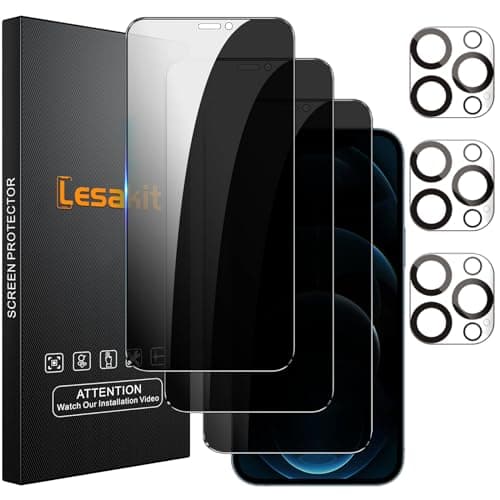 Lesakit 3+3 Pack Privacy Screen Protector for iPhone 12 Pro Max 6.7-Inch with 3 Pack Camera Lens Protector, Anti Spy Tempered Glass Film 9H Hardness Bubble Free Case Friendly