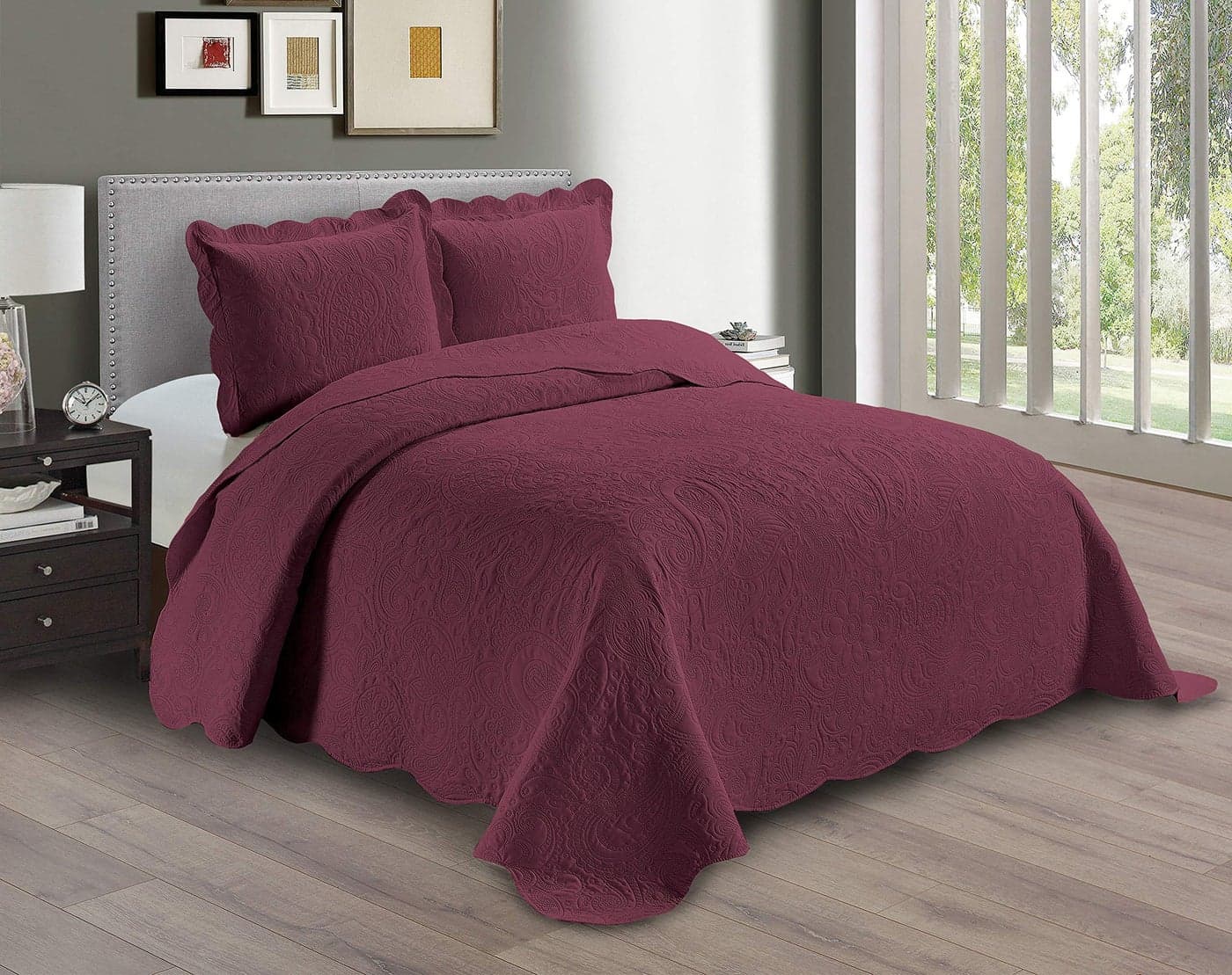 Linen Plus Embossed Coverlet Bedspread Set Oversized Solid Burgundy KingCalifornia King Bed Cover Bedding New Dana