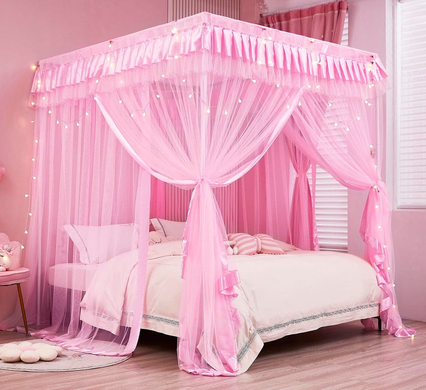 Mengersi Bed Canopy for GirlsCanopy Bed Curtains Canopy for Bed DrapesPrincess Bed Curtains Birthday Present Girls Room DecorPink