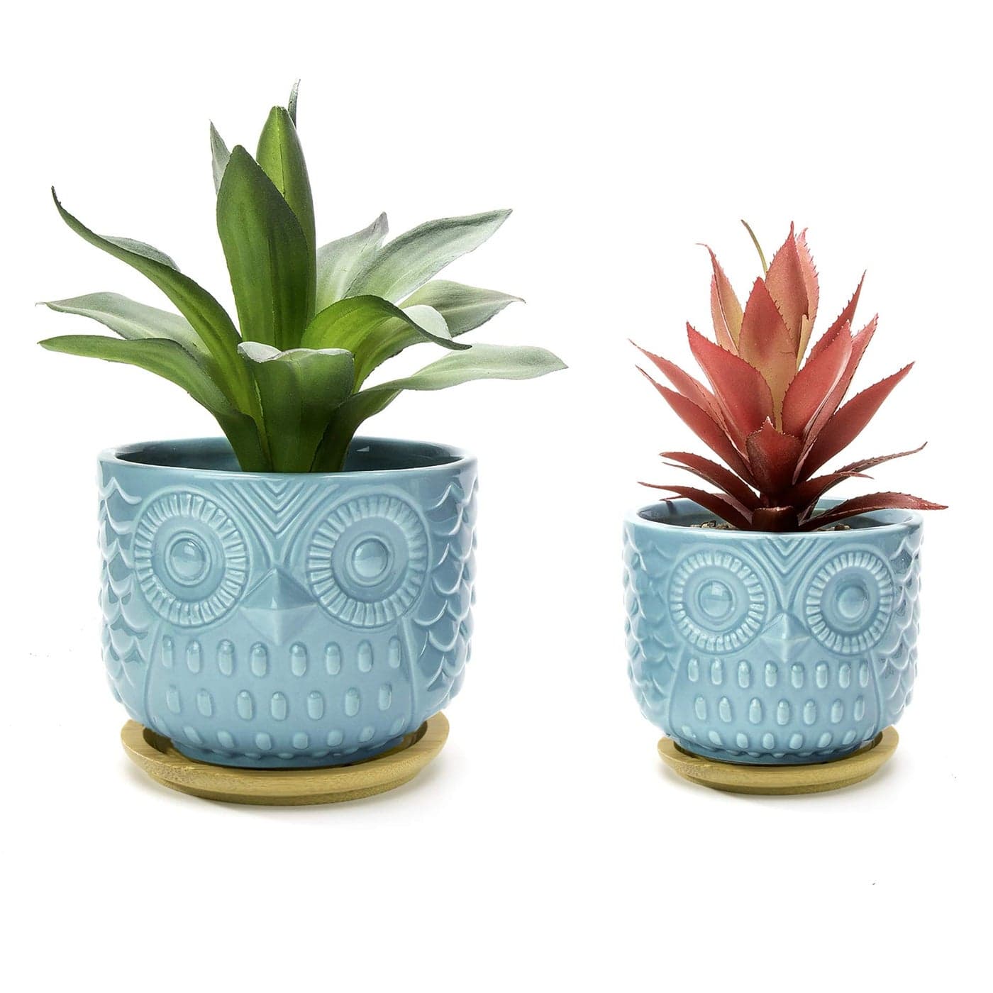 Nattol Owl Succulent Planter Turquoise Animal Planter Pots with Drainage Hole and Bamboo Saucer Set of 2