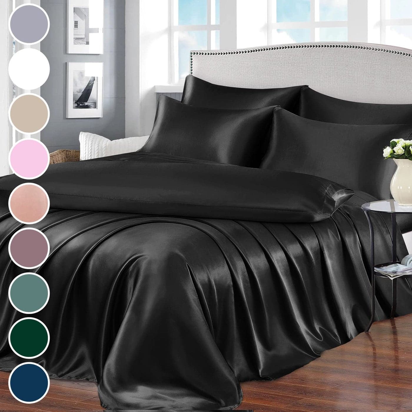 Homiest 7pcs Satin Sheets Queen Size Bed Set Satin Sheet Set Black Bed Sheets Luxury Silky Satin Bedding Set 1 Deep Pocket Fitted Sheet 1 Soft Flat Sheet 4 Pillowcases 1 Body Pillowcase