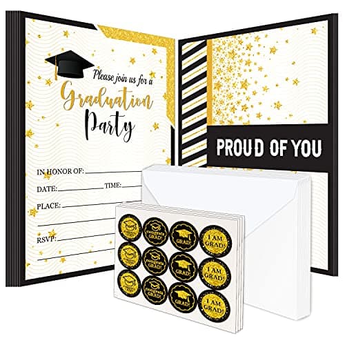 Whaline 35 Set Graduation Party Invitations with Envelopes and Grad Stickers Graduation Announcements Black Gold Invite Cards for College High School University Grad Celebration Party