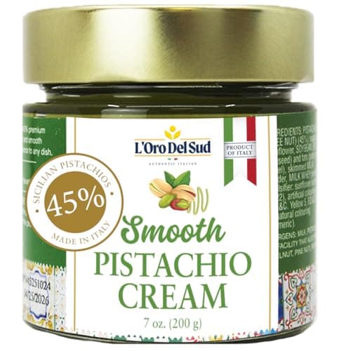 Pistachio Cream, Premium 45%, Smooth Sicilian Pistachio Spread, 7 oz (200g), Contains 45% Pistachio nuts, Sweet Pistachio Butter, Product of Italy, L’Oro Del Sud