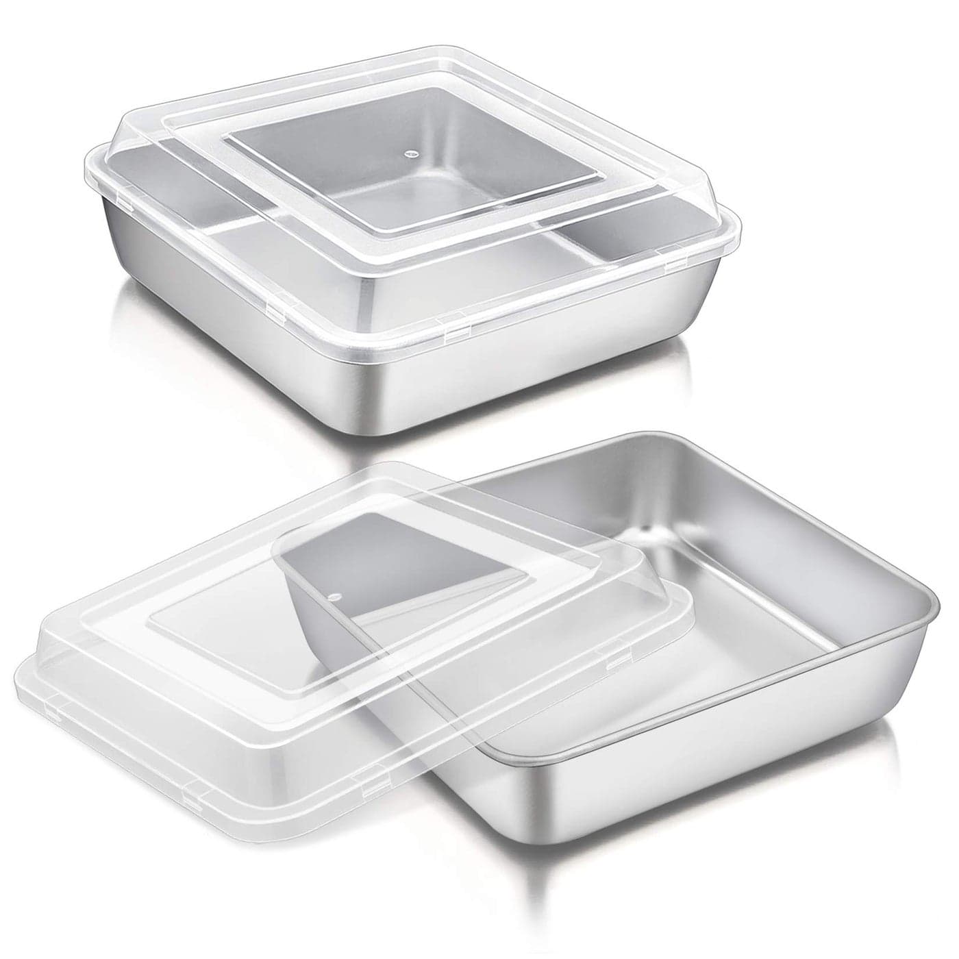 PP CHEF Square Baking Cake Pan with Lid Stainless Steel Lasagna Brownie Pan and Plastic Cover for Picnic Wedding Birthday Healthy Sturdy Oven Dishwasher Safe 8 Inch 4Pcs