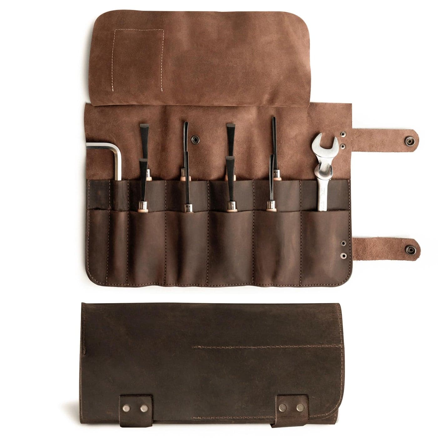 Hide Drink Leather Snap Tool Roll Up Bag 14 Slots Portable Carry Case for Barbers Salon Storage Organizer Pouch Classic Vintage Style Handmade Bourbon Brown