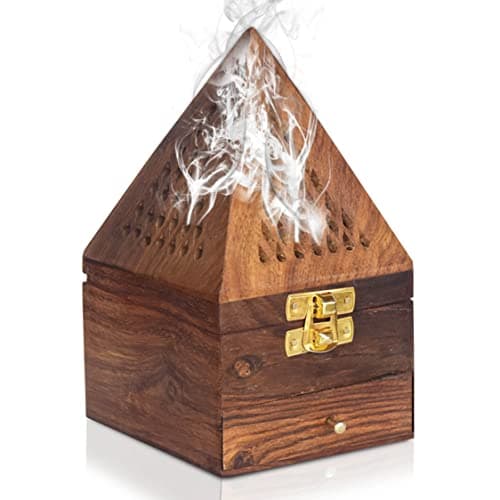 Pure Source India Wooden Incense Holder for Pooja, Agarbatti Stand with Drawer Box, Pyramid Design, Ash Catcher, Decorative Home Fragrance Burner for Meditation & Gift, 6.5 Inch