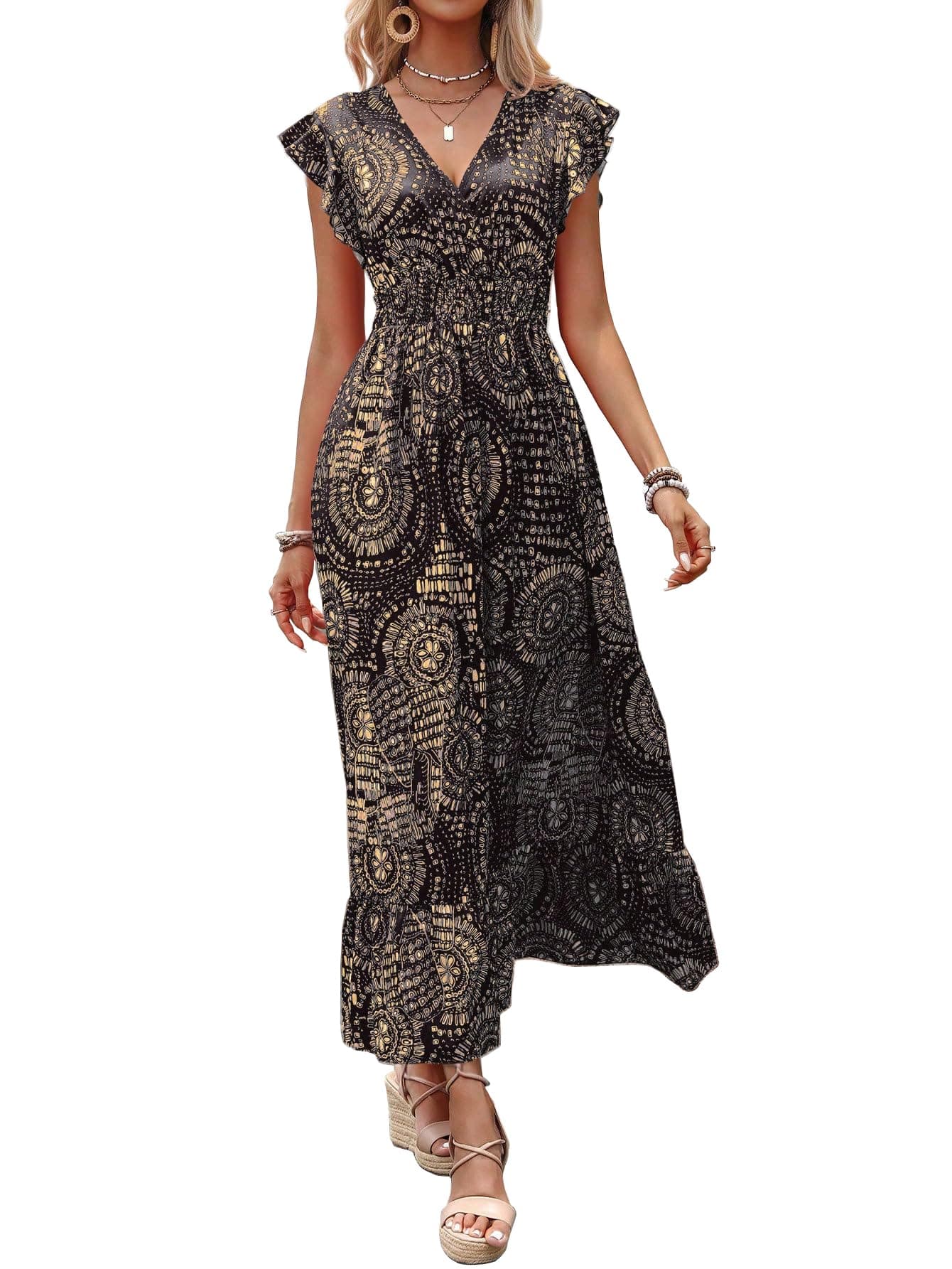 Shasmi Women's & Girl's Boho Black V-Neck Printed Dress with Ruffled Hem and Belted Waist for Vacation, One Piece Maxi for Women's Casual Dresses (140 Dress Boho Black-M)