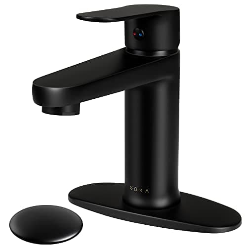 SOKA Brass Bathroom Faucet Matte Black with Popup Sink Drain Stopper Deck Plate 1 or 3 Hole Single Handle RV Faucet