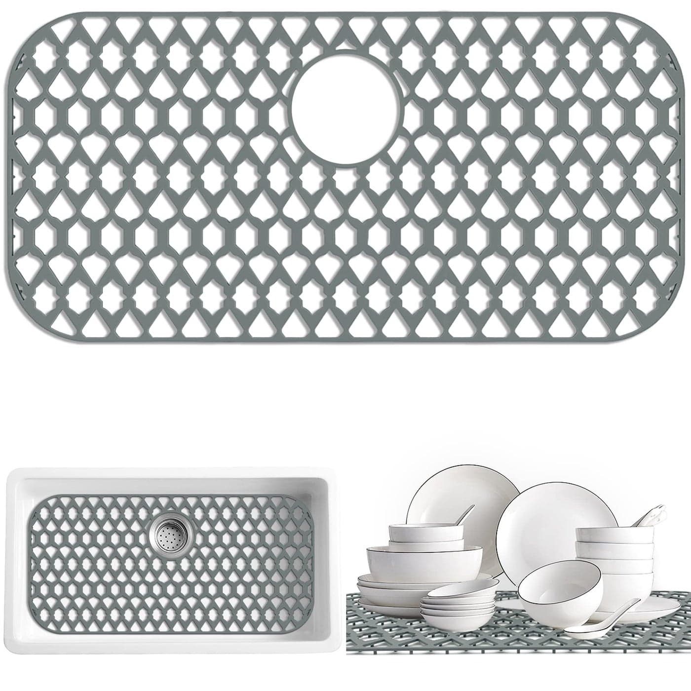 SAMSIER Sink Protectors for Kitchen Sink 13x11 16x12 19x14 21x16 22x13 24x13 26x14 28x14 30x16 Large Silicone Sink Mats Grid for Bottom of Farmhouse Sink 28x144 Rear Drain