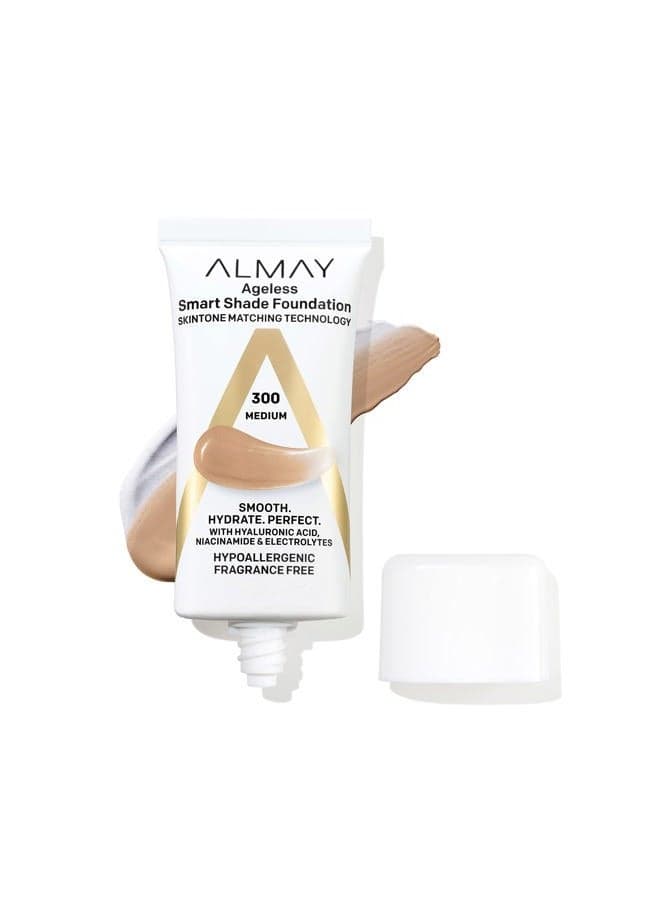 Anti-Aging Foundation by, Smart Shade Face Makeup with Hyaluronic Acid, Niacinamide, Vitamin C & E, Hypoallergenic-Fragrance Free, 300 Medium, 1 Fl Oz (Pack of 1)